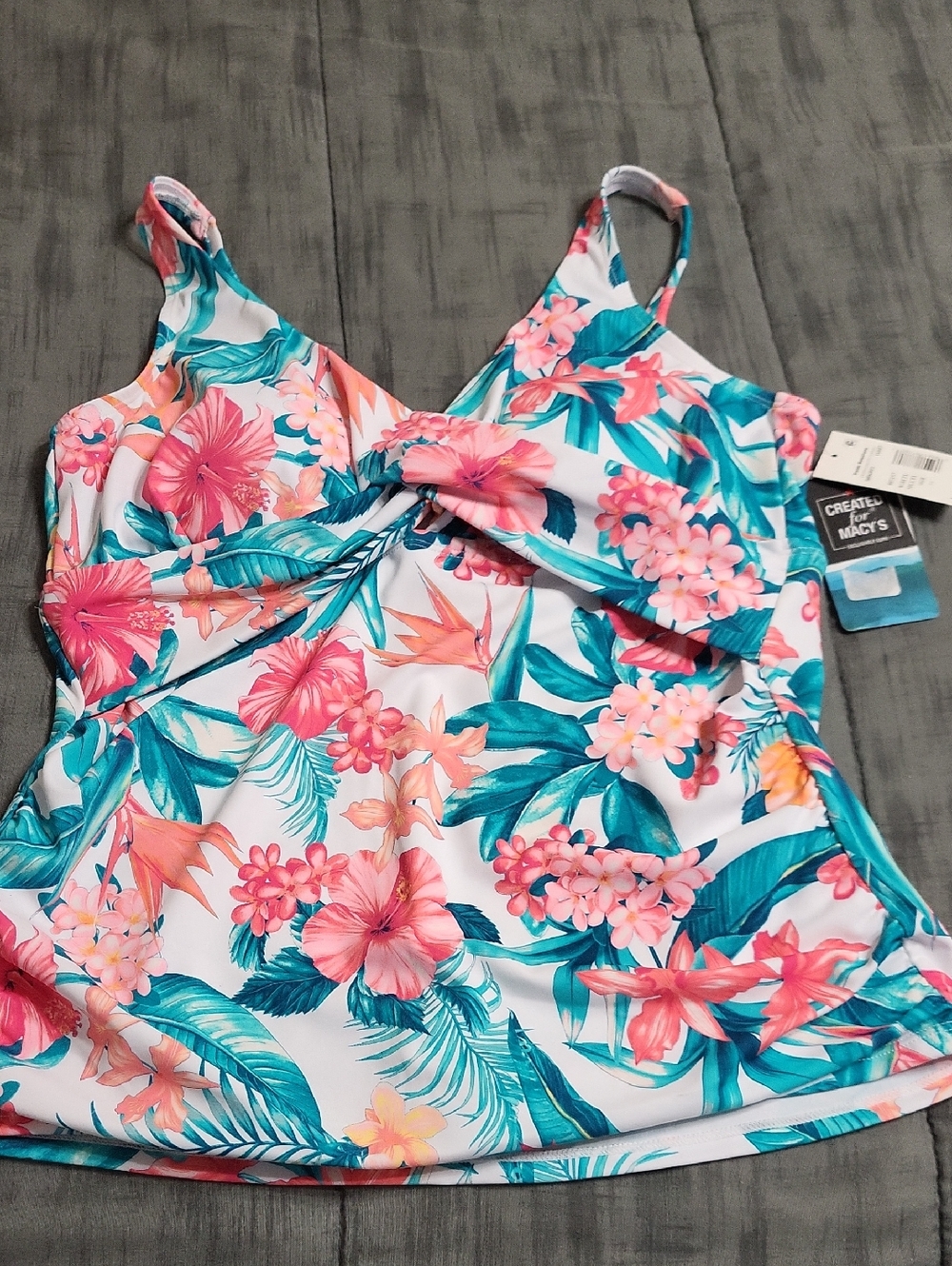 Macy's White Tankini Top with Pink Floral & Teal Leaves